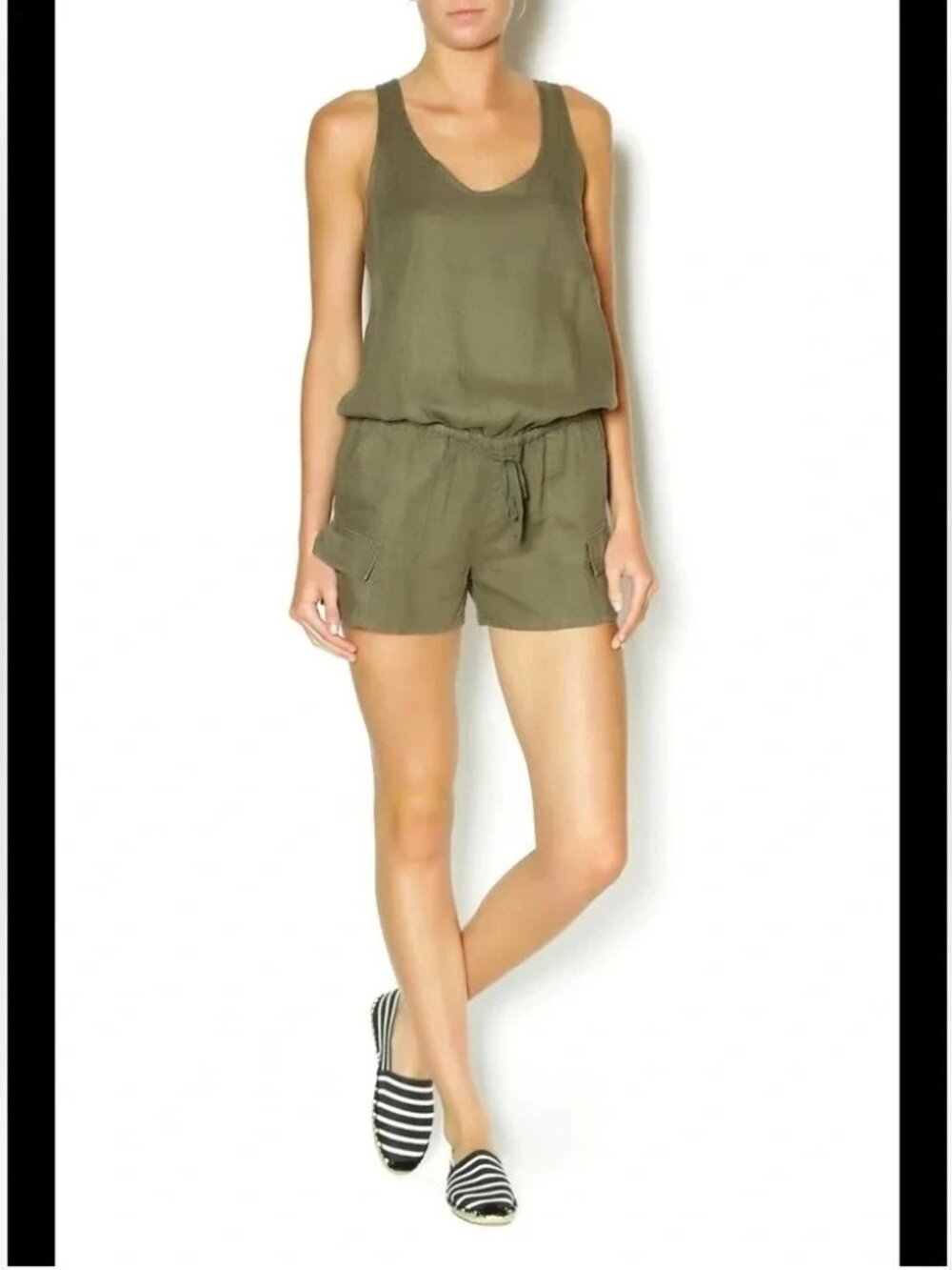 Joie 100% Linen Cargo Romper Sz S Sleeveless Olive Green Beachy Summer Safari